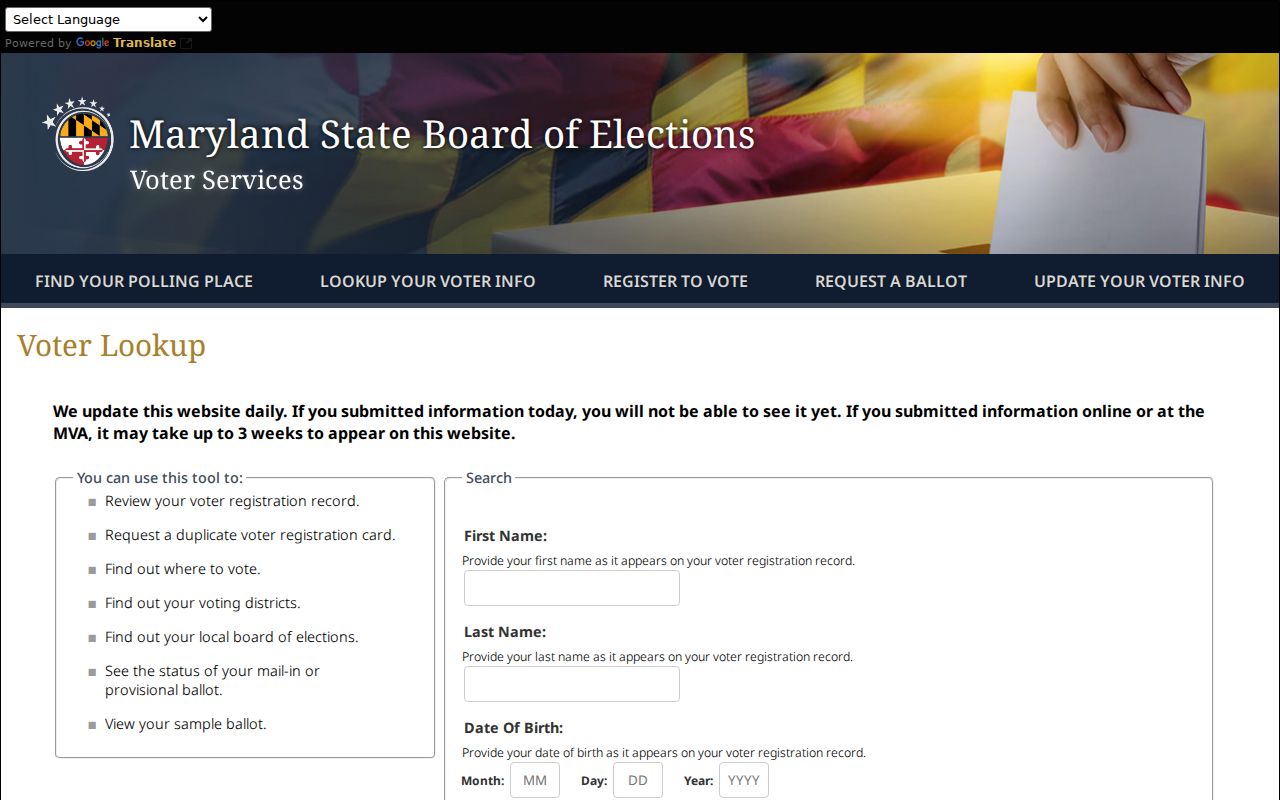 Randallstown voter registration lookup fields in Maryland Voter Lookup
