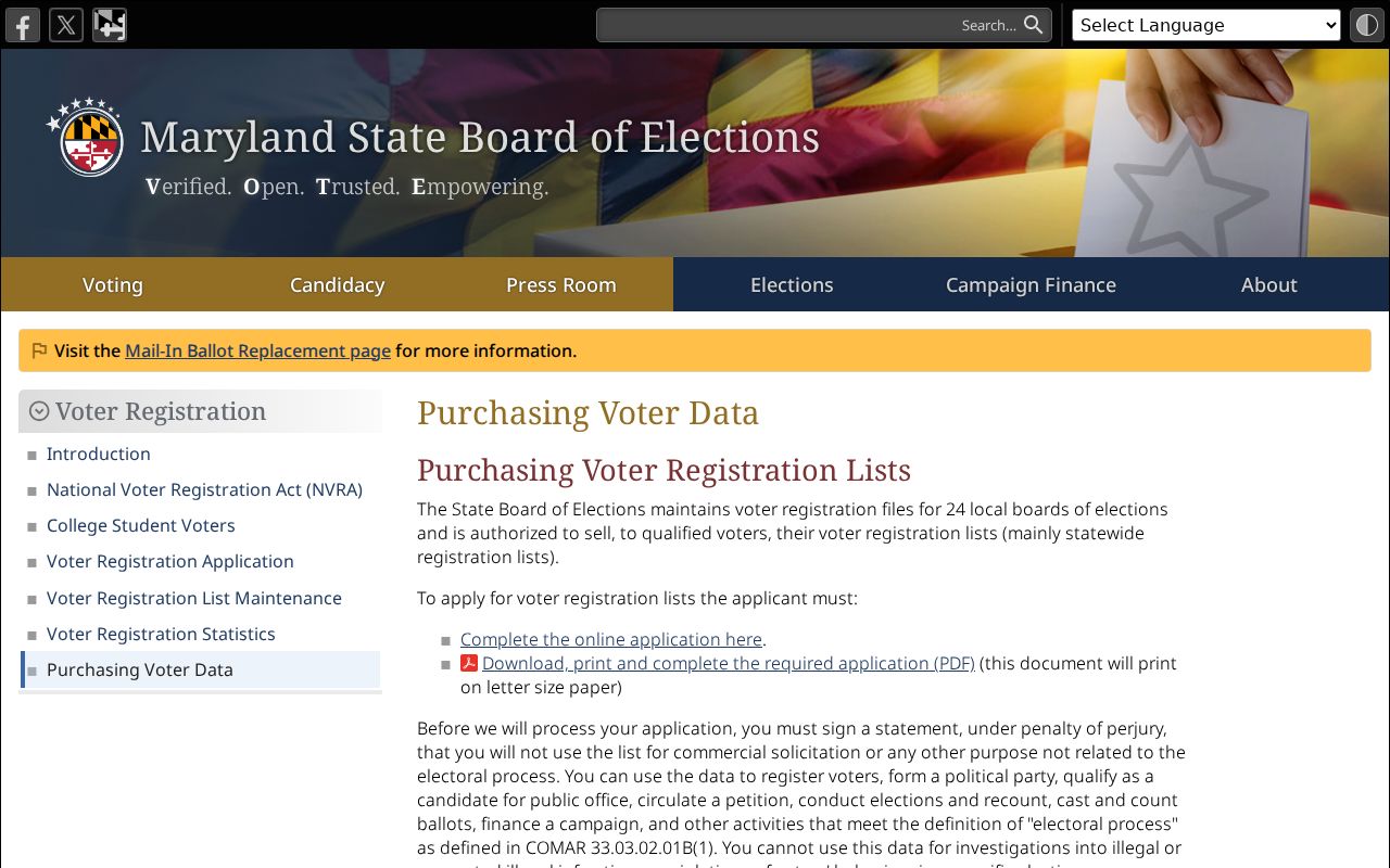 Randallstown voter registration data purchase rules from Maryland elections