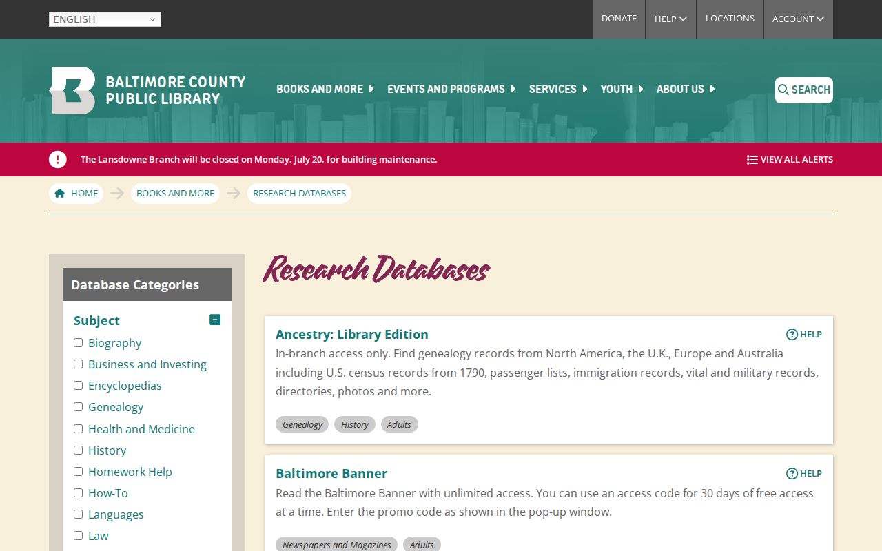 Randallstown people directories Baltimore County library databases