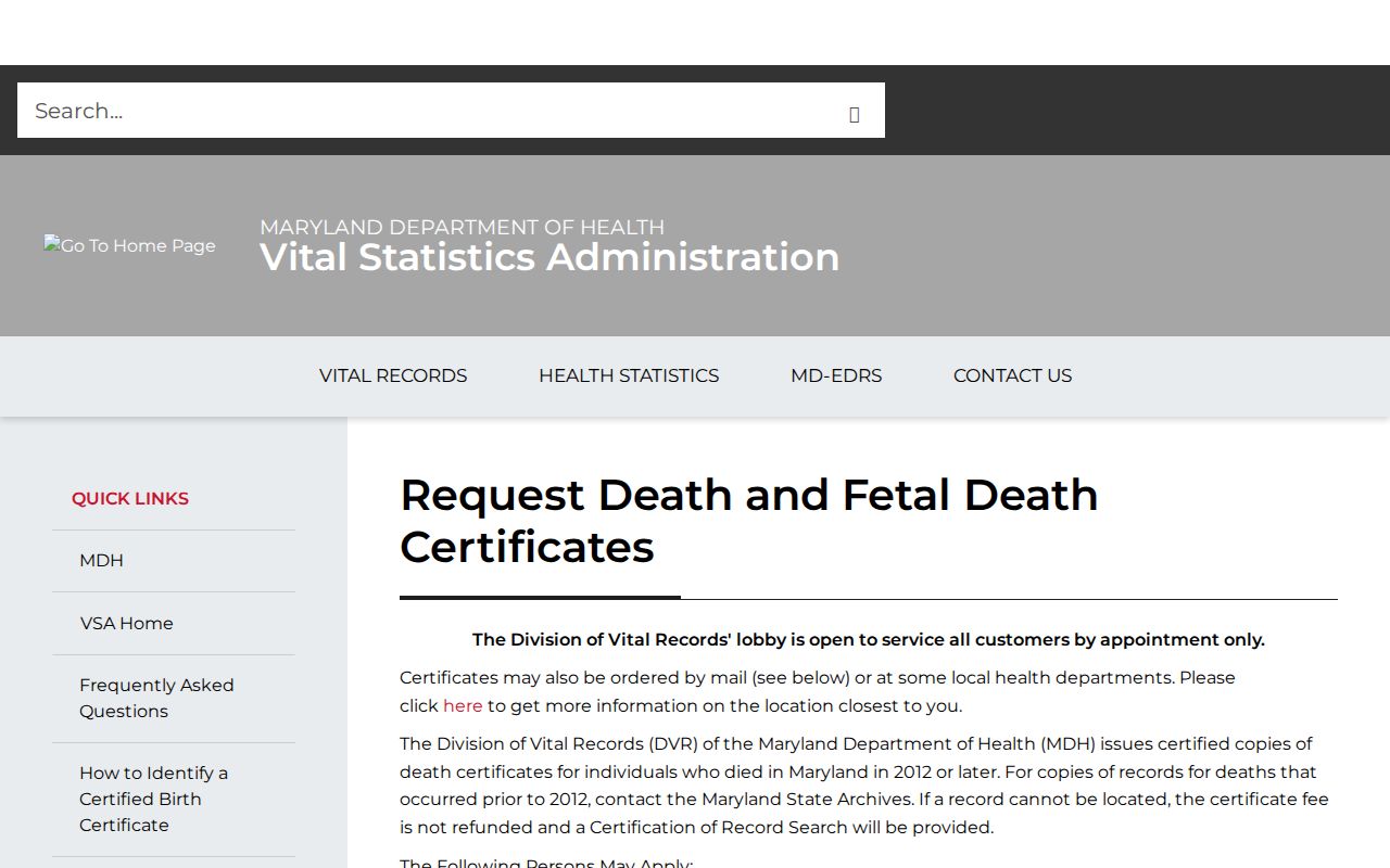 Randallstown public records death certificate request page